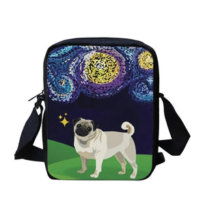 Image of a pug messenger bag with white background