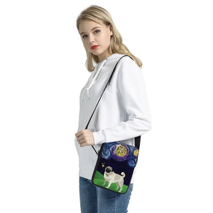 Image of a lady wearing a pug messenger bag