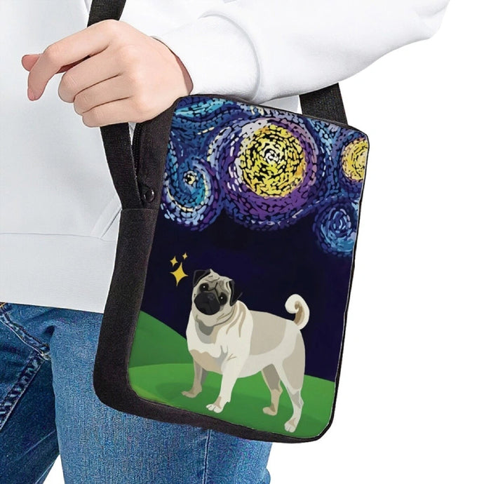 Image of a lady holding a pug messenger bag