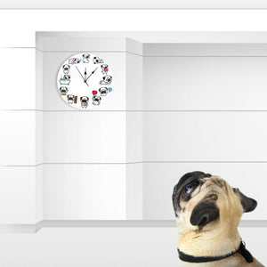 Image of a pug looking at pug wall clock on the wall