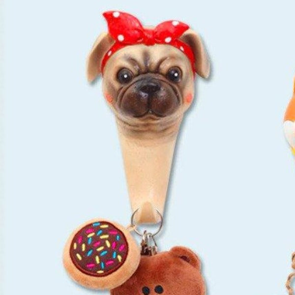 Image of pug wall hook in the most adorable girl Pug wearing a red polka-dotted head bow design