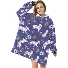 Load image into Gallery viewer, Image of a lady wearing a Purple Dalmatian Blanket Hoodie with a white background