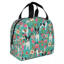 Load image into Gallery viewer, Image of an insulated Rat Terrier bag with exterior pocket in bloom design