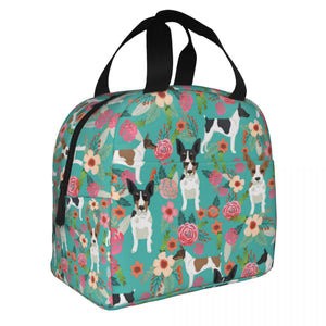 Image of an insulated Rat Terrier bag with exterior pocket in bloom design