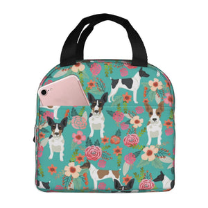 Image of an insulated Rat Terrier in bloom design Rat Terrier lunch bag with exterior pocket