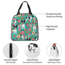 Load image into Gallery viewer, Information detail image of an insulated Rat Terrier lunch bag with exterior pocket in bloom design