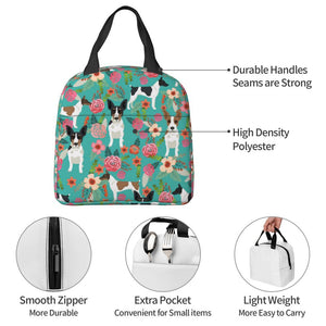 Information detail image of an insulated Rat Terrier lunch bag with exterior pocket in bloom design