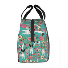 Load image into Gallery viewer, Side image of an insulated Rat Terrier lunch bag with exterior pocket in bloom design
