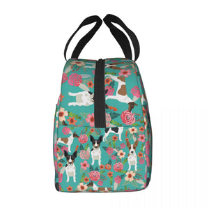 Side image of an insulated Rat Terrier lunch bag with exterior pocket in bloom design