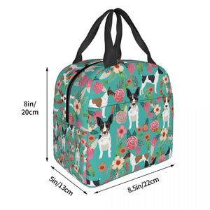 Size image of an insulated Rat Terrier lunch bag with exterior pocket in bloom design
