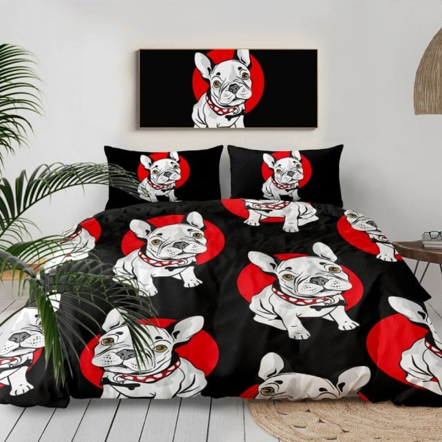 Red Polka Dotted White French Bulldogs Duvet Cover and Pillow Cases Bedding Set-Home Decor-Bedding, Dogs, French Bulldog, Home Decor-1