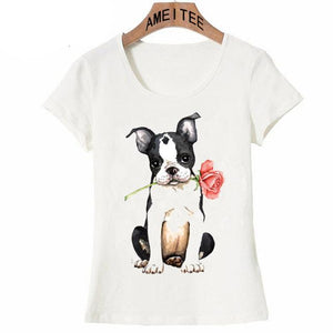 Image of a boston terrier tee shirt in the cutest Boston Terrier with a red rose design