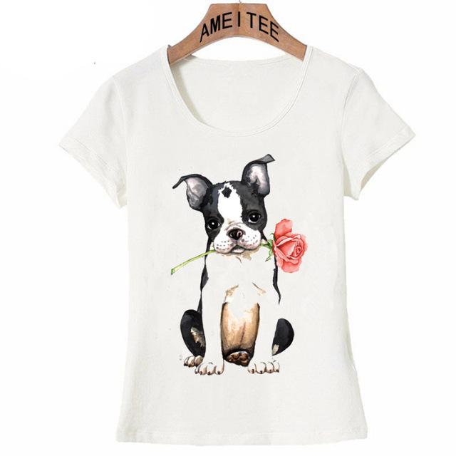 Image of a boston terrier t shirt in the cutest Boston Terrier with a red rose design