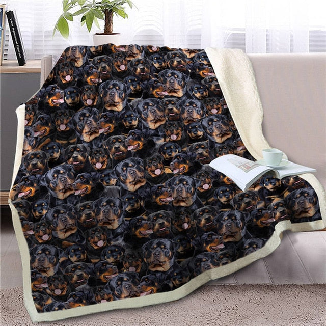 Image of a super cute rottweiler blanket with infinite rottweilers design