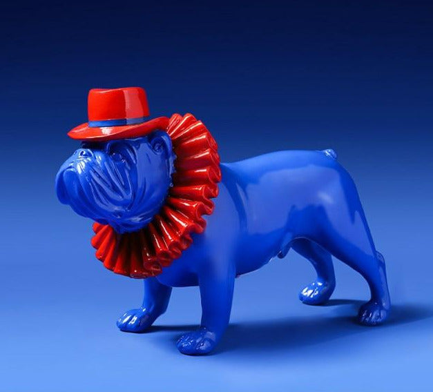 Ruff Collar and Top Hat English Bulldog Statues-Home Decor-Dogs, English Bulldog, Home Decor, Statue-Blue - Standing-2