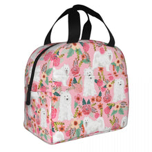 Load image into Gallery viewer, Image of an insulated Samoyed bag with exterior pocket in bloom design