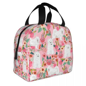 Image of an insulated Samoyed bag with exterior pocket in bloom design