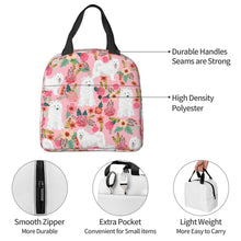 Load image into Gallery viewer, Information detail image of an insulated Samoyed lunch bag with exterior pocket in bloom design