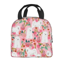 Load image into Gallery viewer, Image of an insulated Samoyed in bloom design Samoyed bag with exterior pocket