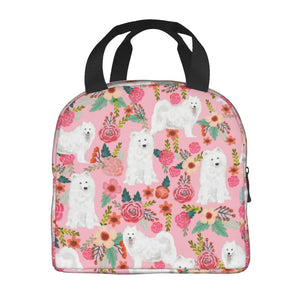 Image of an insulated Samoyed in bloom design Samoyed bag with exterior pocket