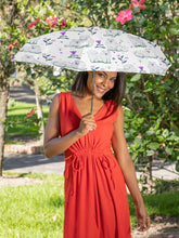 Load image into Gallery viewer, Image of a lady holding a samoyed uv protection umbrella in white