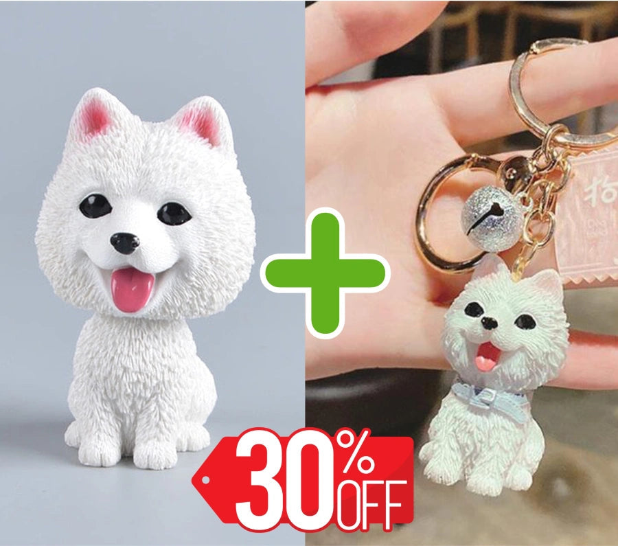 Image of a samoyed bobblehead and keychain bundle