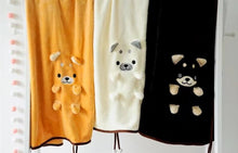 Load image into Gallery viewer, image of a cute samoyed travel blanket - all three colors, black, white, yellow