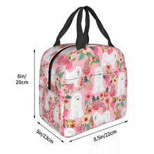 Load image into Gallery viewer, Image of the size of an insulated Samoyed lunch bag with exterior pocket in bloom design