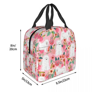 Image of the size of an insulated Samoyed lunch bag with exterior pocket in bloom design