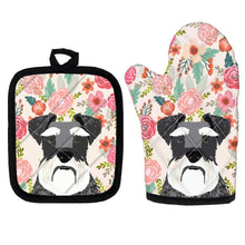 Load image into Gallery viewer, image of schnauzer oven mitten gloves and pot holder set for baking and cooking in flowers in bloom design