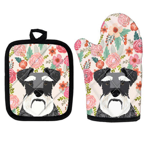 image of schnauzer oven mitten gloves and pot holder set for baking and cooking in flowers in bloom design