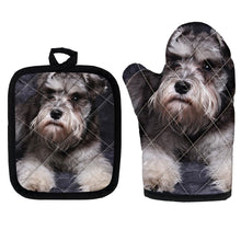 Load image into Gallery viewer, image of schnauzer oven mitten gloves and pot holder set