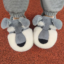 Load image into Gallery viewer, Image of a person wearing Schnauzer slippers with a red background