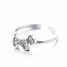 Load image into Gallery viewer, Image of a sterling silver Schnauzer ring in sparkling white-stone studded Schnauzer design