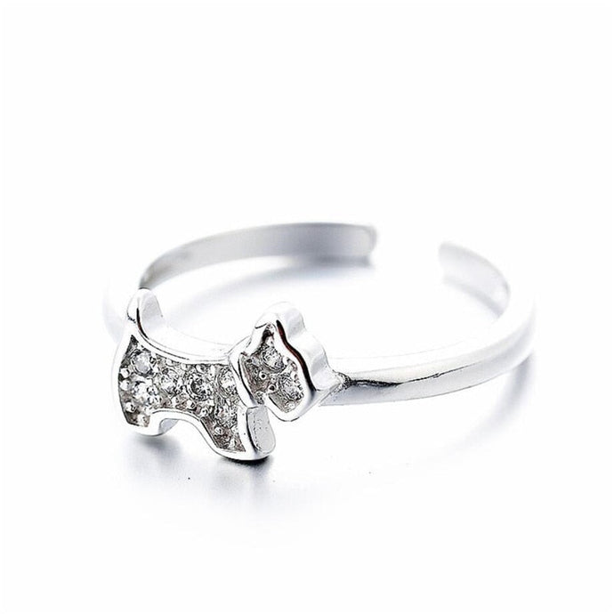 Image of a sterling silver Schnauzer ring in sparkling white-stone studded Schnauzer design
