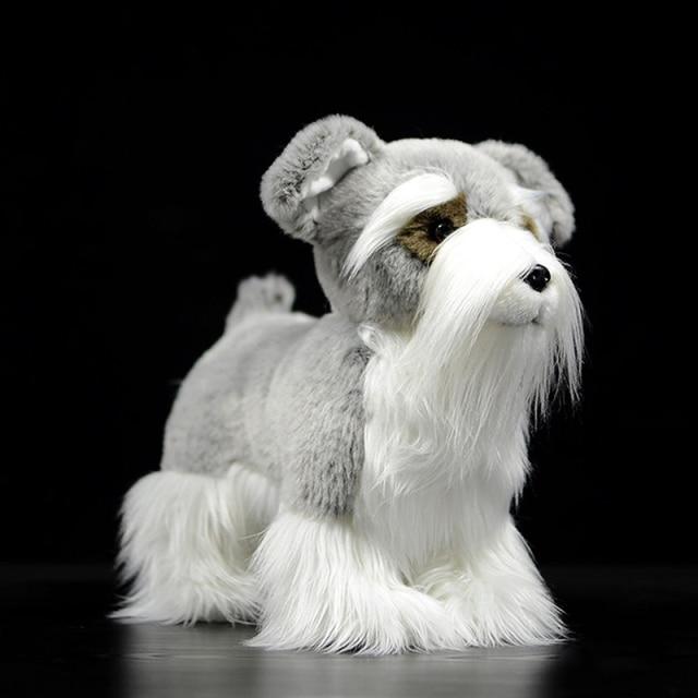Image of a beautiful lifelike standing silver Schnauzer soft toy in the shape of Schnauzer