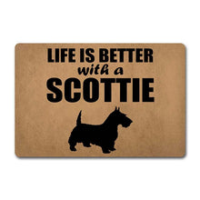 Load image into Gallery viewer, Image of scottish terrier door mat with the text &#39;life is better with a scottie&#39; on it