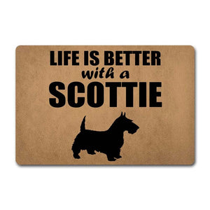 Image of scottish terrier door mat with the text 'life is better with a scottie' on it