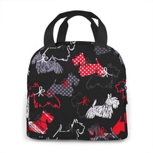 Load image into Gallery viewer, Side image of an insulated Scottie dog lunch bag with Exterior Pocket in the cutest Scottish Terrier design