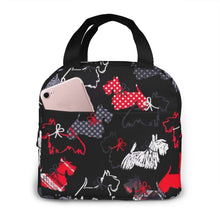Load image into Gallery viewer, Side image of an insulated Scottie dog bag with Exterior Pocket in the cutest Scottish Terrier design