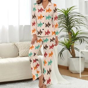 image of a woman wearing tan scottish terrier pajamas set for women