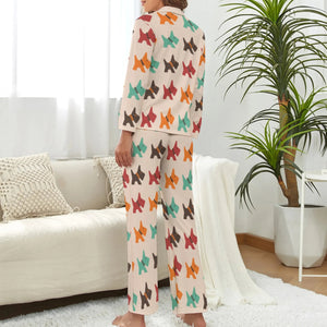 image of a woman wearing tan scottish terrier pajamas set for women - back view