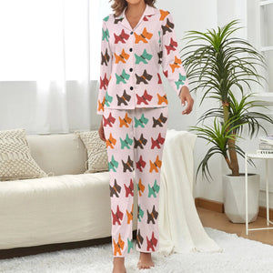 image of a woman wearing pink scottish terrier pajamas set for women