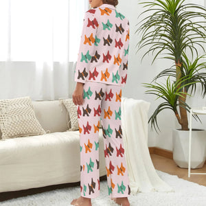 image of a woman wearing pink scottish terrier pajamas set for women - back view