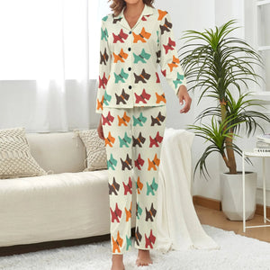 image of a woman wearing beige scottish terrier pajamas set for women