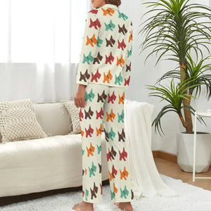 image of a woman wearing beige scottish terrier pajamas set for women - back view