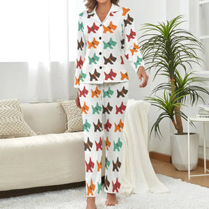 image of a woman wearing white scottish terrier pajamas set for women