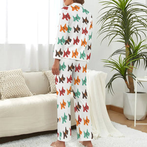 image of a woman wearing white scottish terrier pajamas set for women - back view