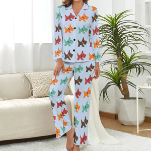 image of a woman wearing blue scottish terrier pajamas set for women