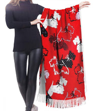 Load image into Gallery viewer, Image of a lady wearing Scottie dog shawl in the color red